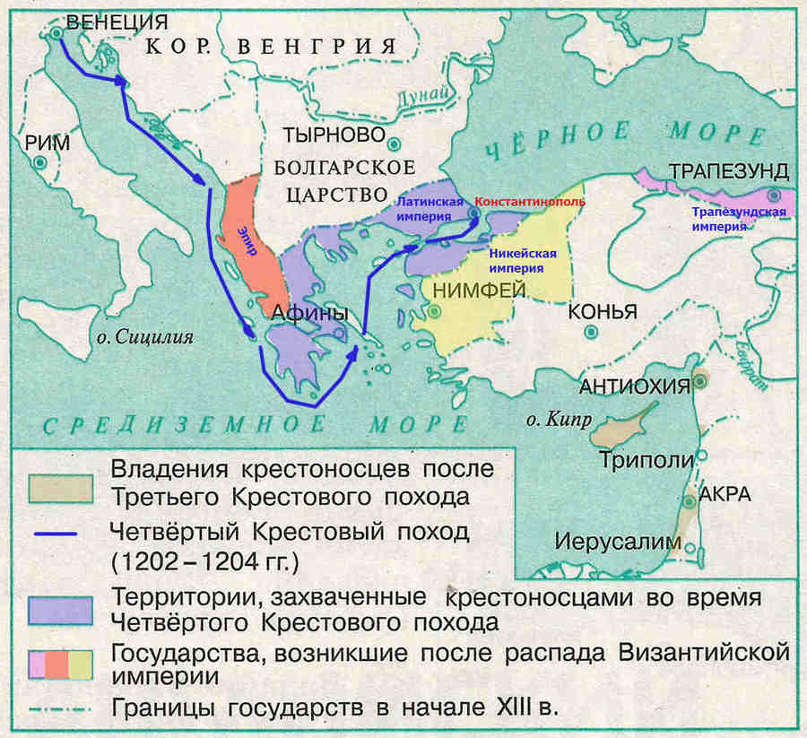 Крестоносным завоевателям было дано благословение и в странах Передней Азии и в Прибалтике. В четвертом походе в Переднюю Азию участвовали французские, итальянские и германские феодалы, в походе в Прибалтику — германские.