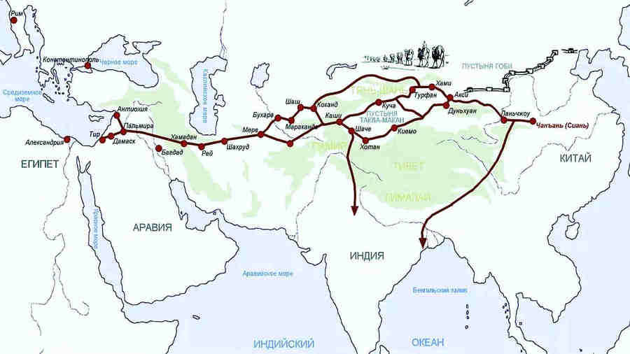 Торговли ими давала огромные прибыли, но все сухопутные пути в Индию держали в своих руках мусульмане. На рисунке - карта Шёлкового Пути.