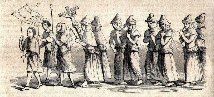 Флагелланты «чумного» века представляли собой странные и страшные процессии: они шли парами, в остроконечных капюшонах с прорезями для глаз и нашитыми крестами, выстроившись в длинную колонну, куда входило до трёхсот и более человек.