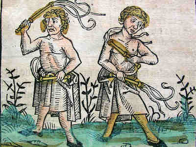 В каждом новом городе на своем пути они колонной подходили к местной церкви, снимали с себя всю одежду, надевали специальные «ритуальные» юбки и начинали стегать себя, распевая специальные гимны, лауды, перед восхищенной публикой, которая наивно верила, что таким образом флагелланты спасут их от чумы и от смерти.