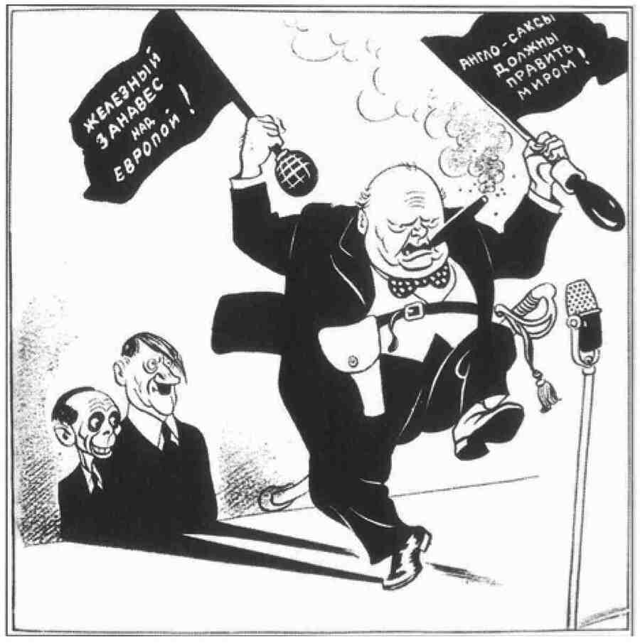 Сталин прямо обвинил Черчилля и Запад в целом в схожести с Гитлером, дескать вместо высшей немецкой расы появилась  высшая англосаксонская и упрекнул Запад тоталитаризме.