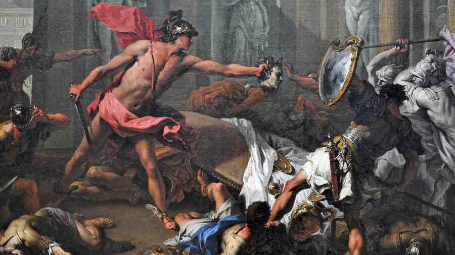 Персей, прислоняясь к колонне, со щитом Афины в руках сражался один с целой армией воинов и в какой-то момент он понял, что одному ему не справиться... Тогда он достал голову Медузы и показал её воинам. Все они вдруг застыли с оружием в руках, превратившись в камень, да так и остались навеки каменными статуями во дворце эфиопского царя, а Персей с красавицей Андромедой вернулись на остров Серифос.