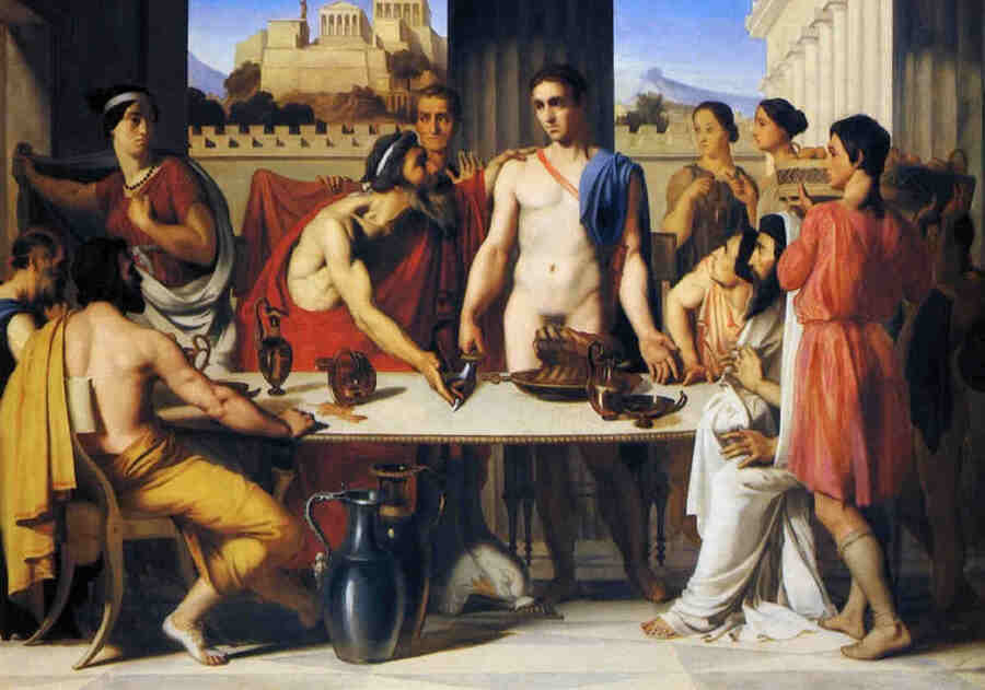 Там Эгей собственноручно поднёс юноше чашу с отравленным вином и лишь в последний момент, узнав свой меч, которым был подпоясан незнакомец, он понял что перед ним собственный сын и отбросил эту чашу.<br> Эгей узнаёт в Тесее своего сына. Ипполит Фландрен