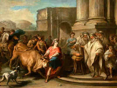 Тесея по-прежнему одолевало желание стать самым крутым героем во всей Элладе, он демонстрировал свою удаль направо и налево и даже сразился с марафонским быком — это чудовище, которое вытаптывало поля (это тот самый бык, которого когда-то укротил Геракл по приказу Эврисфея, а тот его, по дурости, отпустил).<br>Тесей, побеждающий быка в Марафоне. Шарль-Андре Ван Лоо