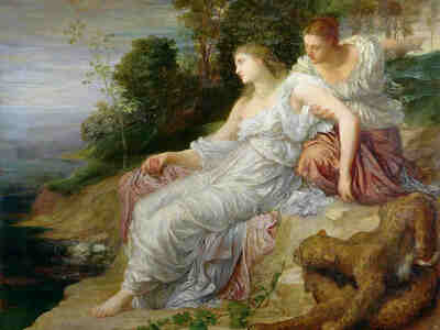 Ариадна напрасно ждала на берегу возвращения его корабля и её конец был печальным...<br>Ариадна на острове Наксос. Джордж Фредерик Уоттс