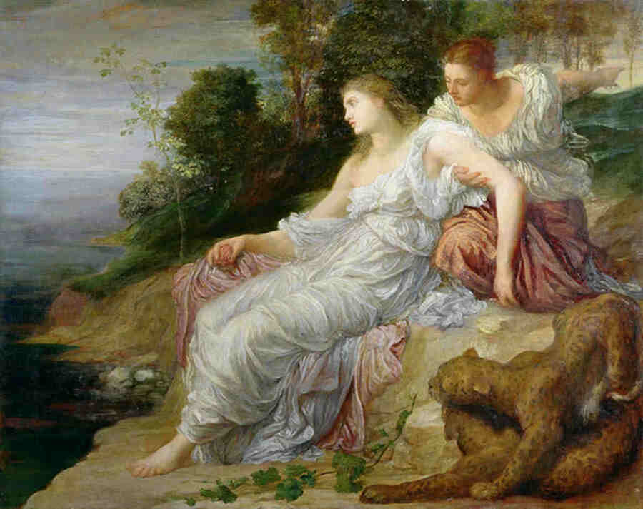 Ариадна напрасно ждала на берегу возвращения его корабля и её конец был печальным...<br>Ариадна на острове Наксос. Джордж Фредерик Уоттс