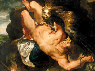 Прометей в качестве наказания был прикован к скале на одной из вершин Кавказа и каждый день к Прометею прилетал орел Зевса и выклевывал его печень.