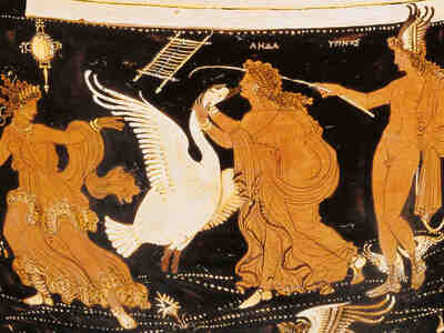 Когда Леда отдыхала на берегу реки (или озера) Зевс явился к ней в виде лебедя и овладел ею.