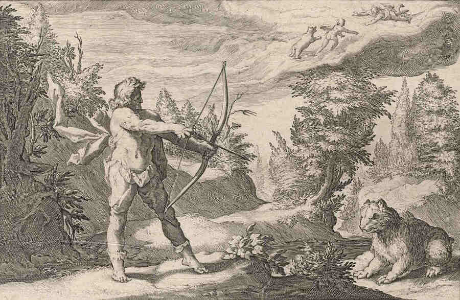 Прошло много лет, Аркад вырос и однажды на охоте увидел свою мать в облике медведицы. Конечно же, он её не узнал и хотел застрелить из лука ее звука.