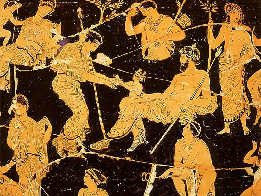 Когда пришел срок, Зевс вынул из бедра ребёнка — и так на свет появился Дионис, бог производительных сил природы, всяческой растительности, но самое главное — бог виноделия.