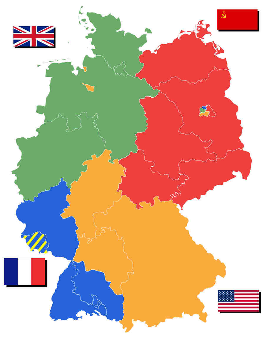 В соответствии с договоренностями, достигнутыми в Ялте, союзники уступили Советскому Союзу те части оккупационной зоны советской, которые они временно заняли (а это территории Саксонии, Тюрингии, Померании), ну а взамен Советский Союз выполнил свои обязательства. В октябре 1945 года американские и британские, чуть позже французские войска прибыли в Берлин и разместились в западной части города.