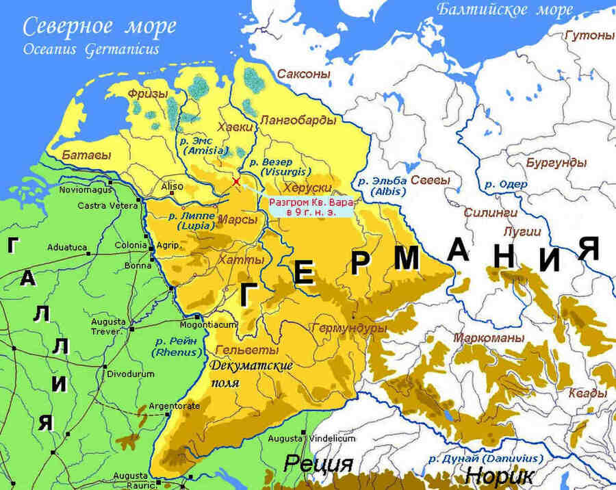 Место битвы в Тевтобургском лесу и территориальные потери римлян в Германии после неё (обозначены жёлтым цветом)